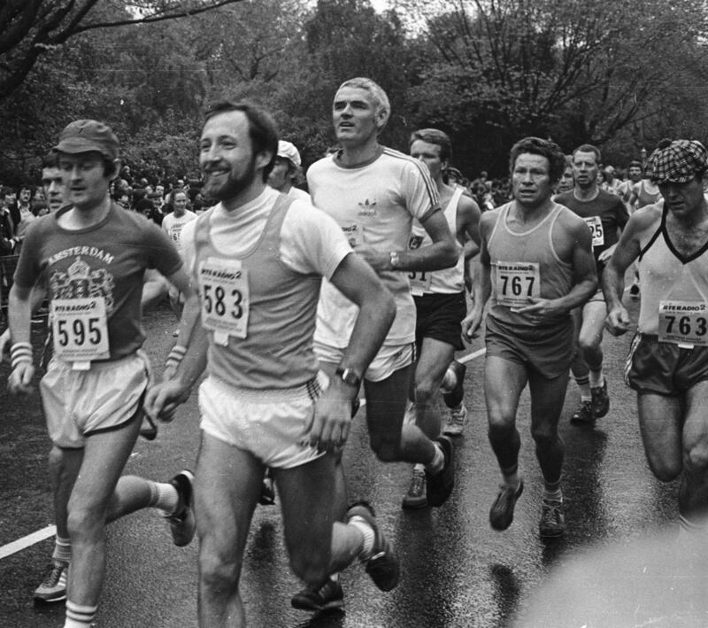 Noel Carroll, in the white T-shirt, in the first Dublin City Marathon, in 1980. Photograph: Jack McManus