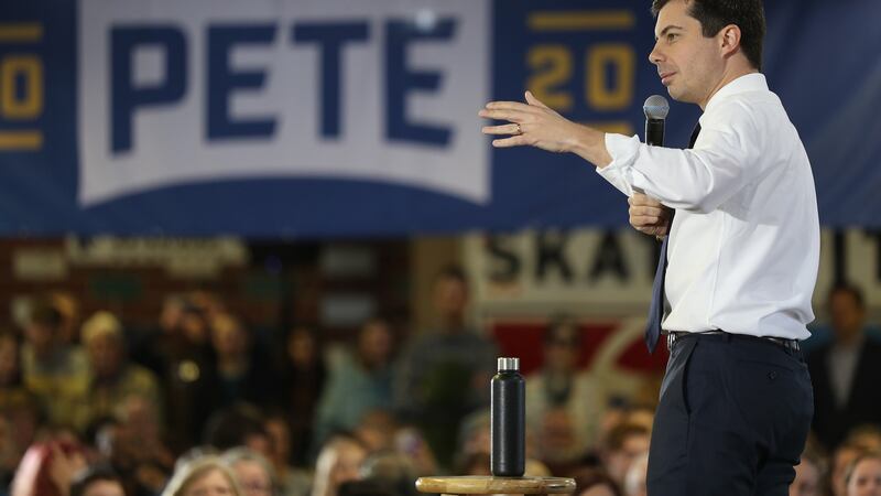 Pete Buttigieg speaks during a campaign event in  The Skate Pit  in Knoxville, Iowa, US. Photograph: Joe Raedle/Getty Images