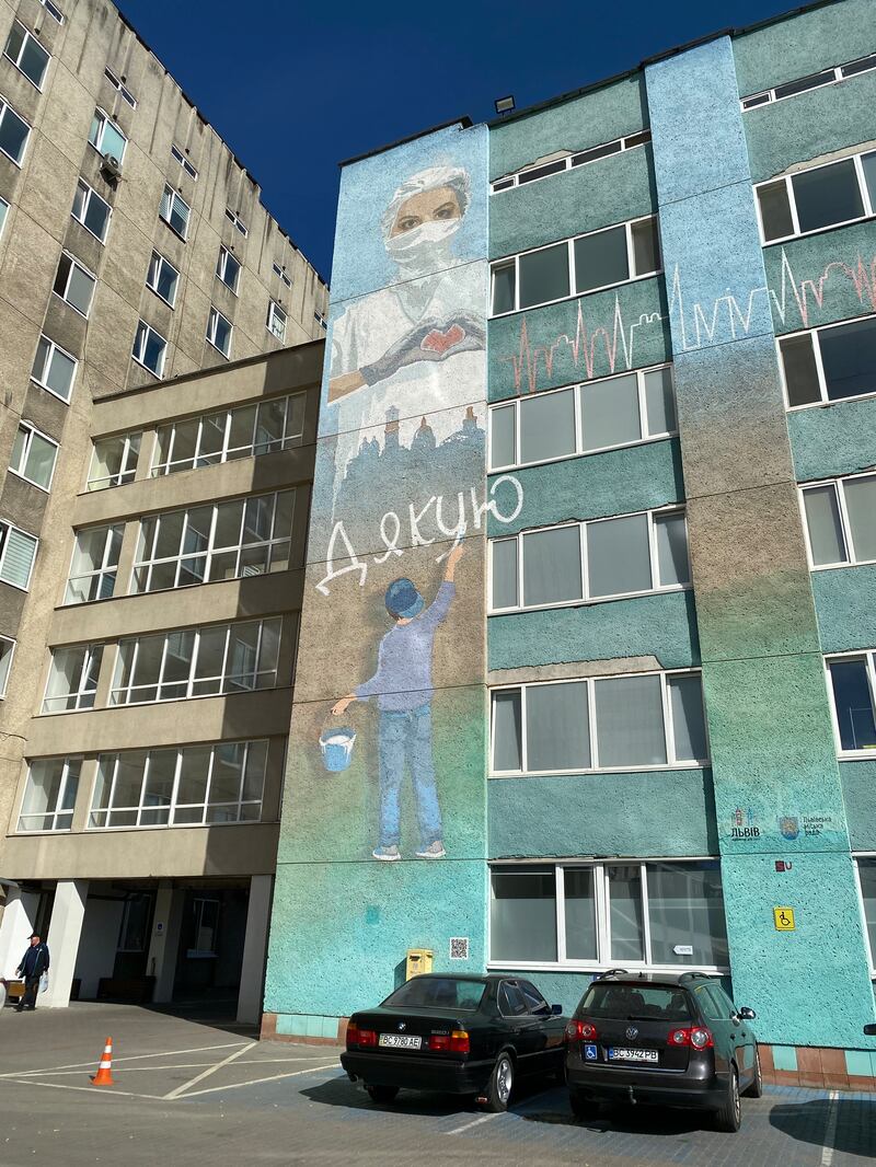 This mural outside the psychiatric wing of First Medical Union Hospital in Lviv, Ukraine, thanks medical personnel who care for traumatised soldiers and civilians. Photograph: Lara Marlowe