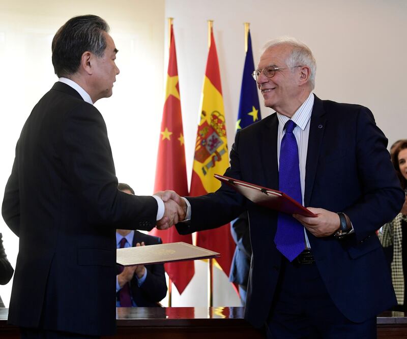 Chinese foreign minister Wang Yi meets with EU high representative for foreign affairs and security policy Josep Borrell when he was Spain's minister of foreign affairs in 2018.