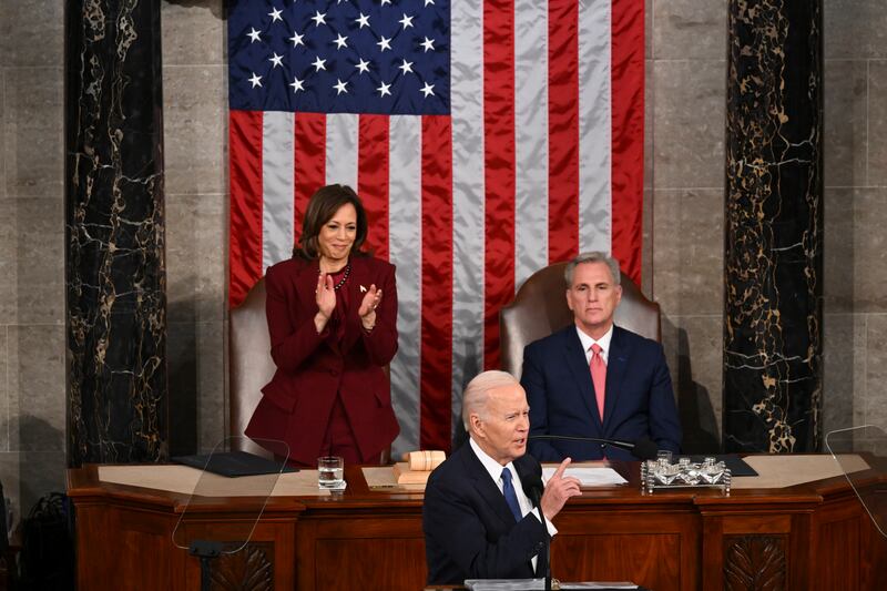 US president Joe Biden delivers his State of the Union speech, with Speaker Kevin McCarthy and Vice President Kamala Harris seated behind him, to a joint session of Congress at the US Capitol in Washington DC. Photograph: Kenny Holston/The New York Times