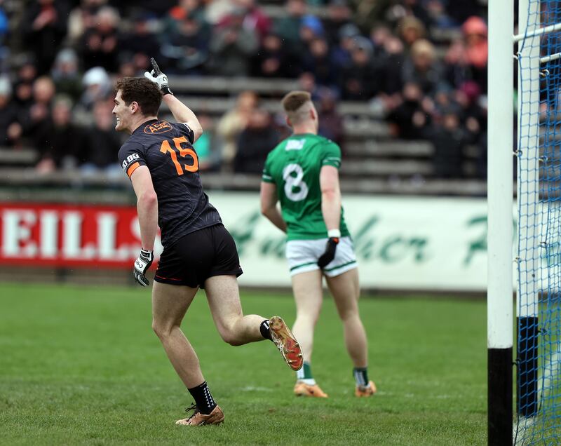 Armagh's Jarly Og Burns celebrates a goal against Fermanagh. Photograph: John McVitty/Inpho