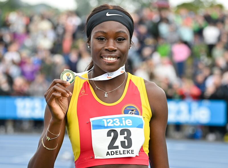 Rhasidat Adeleke of Tallaght AC after winning the women's 100m in an Irish record time of 11.13 seconds at the 123.ie National Athletics Championships at Morton Stadium in Santry. Photograph: Sam Barnes/Sportsfile

