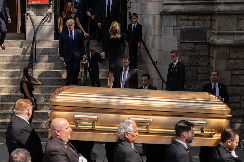 Funeral procession: Donald and Melania Trump follow his ex-wife's coffin, trailed by Ivanka, Eric and Don jnr, as pallbearers bring it out of St Vincent Ferrer Catholic church, in Manhattan. Photograph: Yuki Iwamura/AFP via Getty