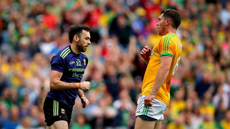 Mayo’s Kevin McLoughlin celebrates his goal against Meath. Photograph: Ryan Byrne/Inpho