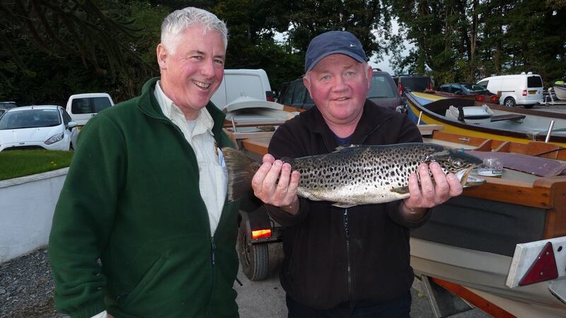 Irvine Marshall, (right) with winning trout of 1.88kg in Coiste Siamsa competition on Sheelin, with organiser, Dessie McEntee