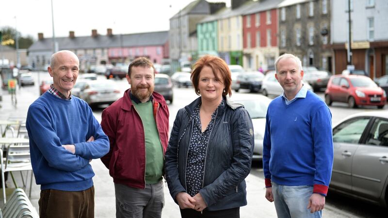 Moate business people Terry Coughlan of Coughlan’s Bar, Frank Murphy of Lily May’s cafe, Anette Dalton of The Pantry, and butcher Shane Maher. Photograph: Dara Mac Dónaill