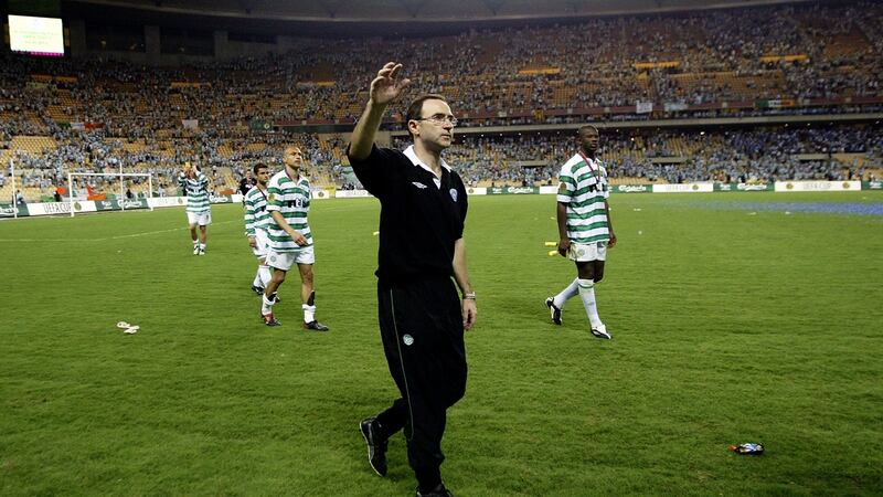 A dejected Celtic manager Martin O’Neill after the Uefa Cup final match between Celtic and FC Porto  in Seville. Photograph: Michael Steele/Getty Images