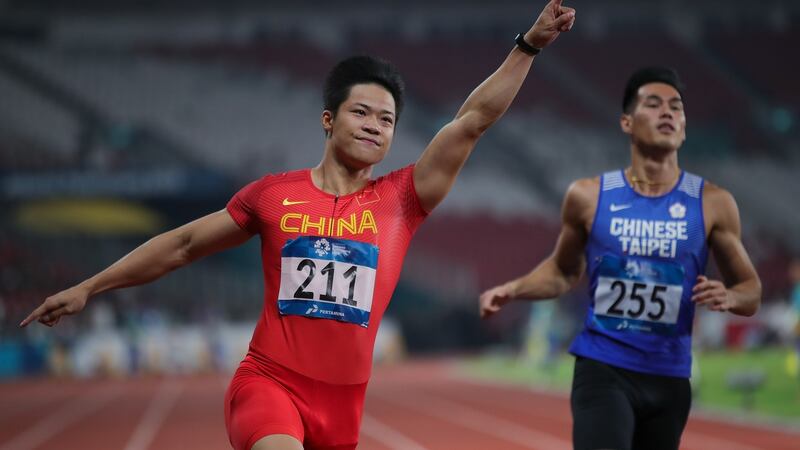 Su Bingtian celebrates after winning the men’s 100m final during the Asian Games in Jakarta last year. Photograph: Lintao Zhang/Getty Images