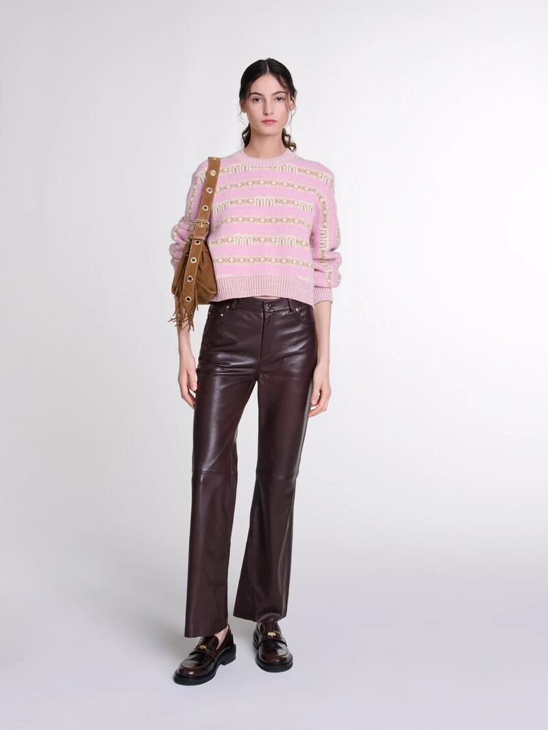 PInk jumper, €275, burgundy leather jeans, €395, Maje at Kildare Village, Brown Thomas and maje.com