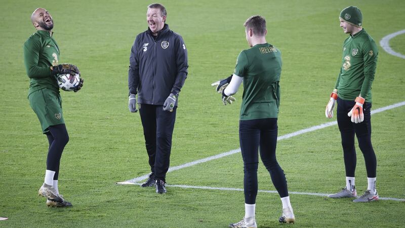 Ireland goalkeeping coach Alan Kelly shares a laugh with Darren Randolph, Mark Travers and Caoimhín Kelleher before the Nations League game against Finland in Helsinki in October. Photograph: Matti Matikainen/Inpho
