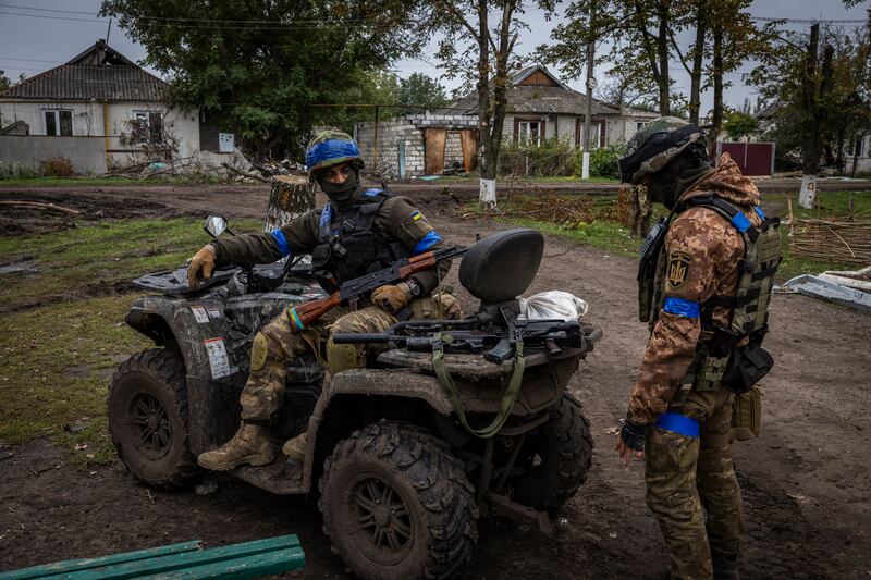 Carpathian Sich fighters from Ukraine near the town of Lyman on October 2nd. Photograph: Ivor Prickett/New York Times