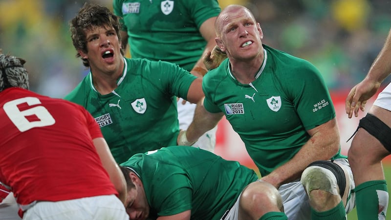 Donncha O’Callaghan and Paul O’Connell react during the 2011 Rugby World Cup quarter-final against Wales at Wellington Regional Stadium. Photograph:  Billy Stickland/Inpho
