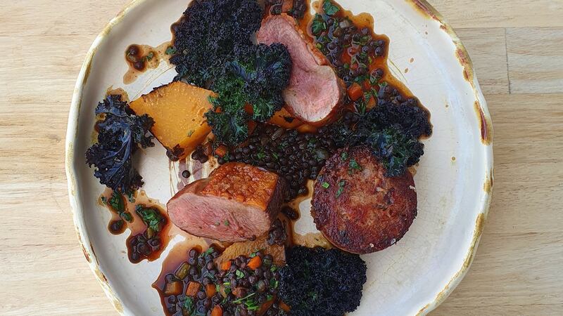 Salt aged Feighcullen duck served with hay-baked swede, lentils, red kale and a sloe jus