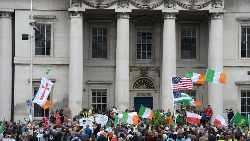 A crowd gathered for a Yellow Vest protest in Dublin. Photograph: Dara Mac Dónaill/The Irish Times