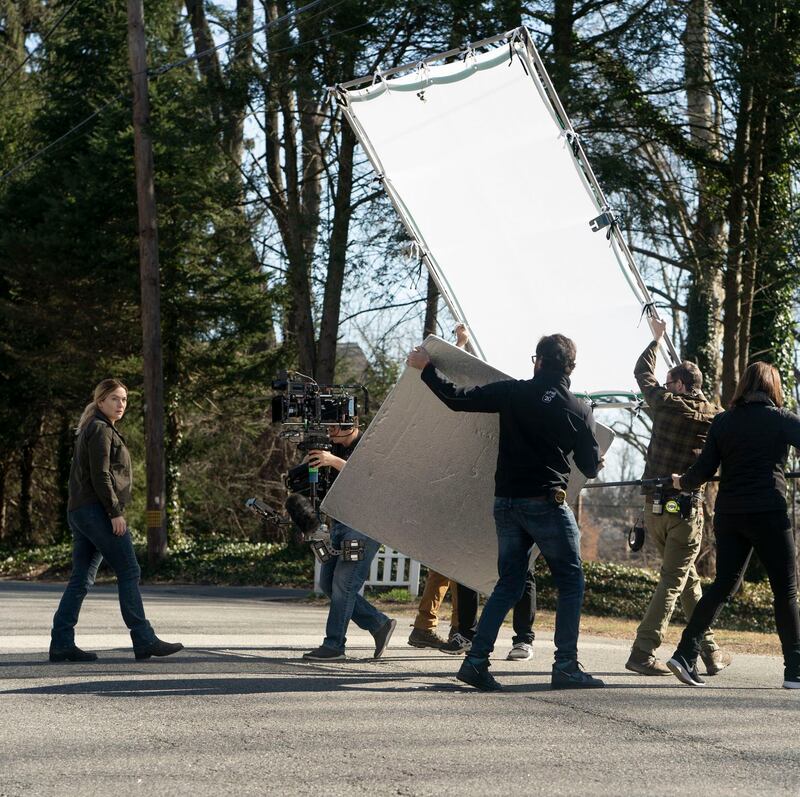 Mare of Easttown: Kate Winslet filming on set. Photograph: Sky