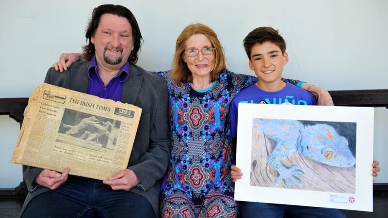 Three generations of artists: Joan King, a winner in the first Texaco Children’s Art Competition, with her son Julian King, a prize winner in 1976, who’s work appeared on the front page of ‘The Irish Times’, and her grandson Lochlainn Quinn, a winner this year. Photograph: Aidan Crawley