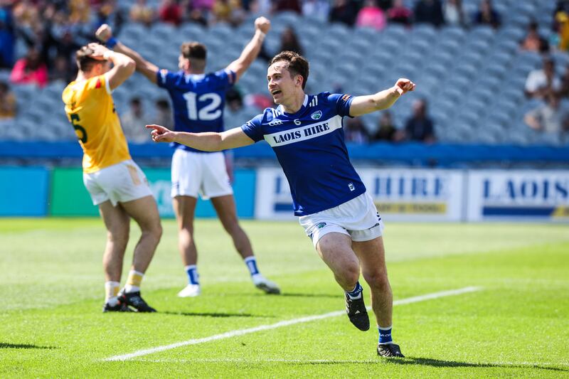 Brian Byrne celebrates after scoring Laois's third goal in last year's Tailteann Cup semi-final victory against Antrim. Photograph: Tom Maher/Inpho