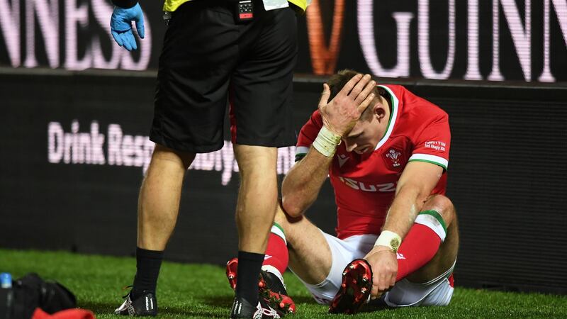 Liam Williams of Wales reacts as  he is forced to leave the field with an injury during the Autumn Nations Cup match against  Italy at Parc y Scarlets. Photograph: Stu Forster/Getty Images