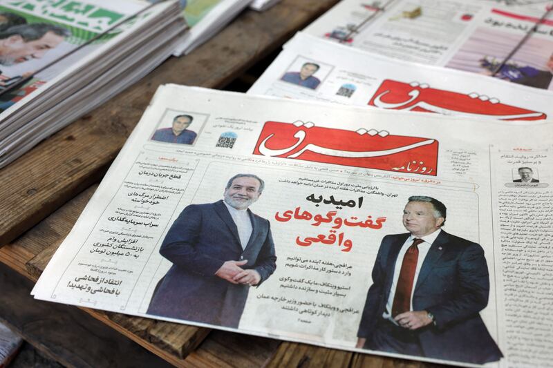 A copy of Iranian daily newspaper Shargh carries photographs of Iranian foreign minister Abbas Araghchi and US special envoy Steve Witkoff. Photograph: Abedin Taherkenareh/EPA
