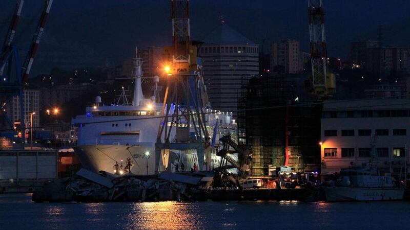 The collapsed control tower at Genoa’s port harbour. Seven people were also reported missing after the crash. Photograph:  Alessandro Garofalo/Reuters