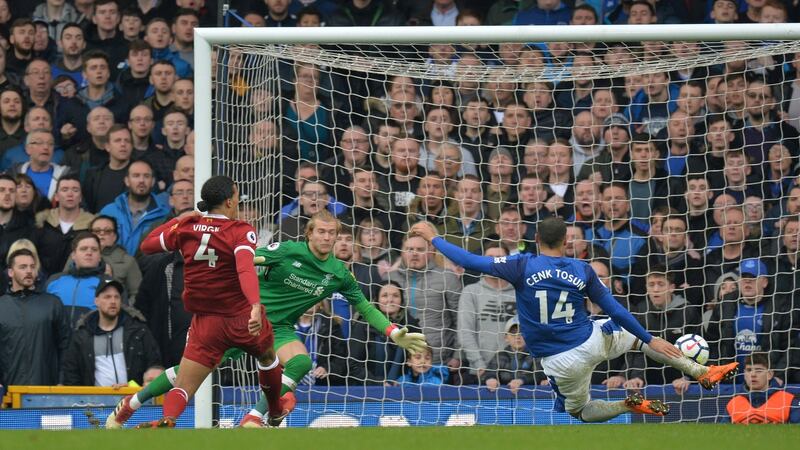 Cenk Tosun can’t convert a late chance for Everton at Goodison Park. Photograph: Peter Powell/Reuters