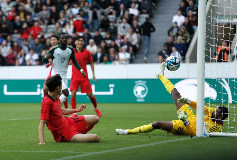 Saudi Arabia's Mohammed Al-Owais saves a shot from South Korea's Jae-Sung Lee during a friendly match at St James' Park, Newcastle in 2023. Photograph: Will Matthews/PA Wire