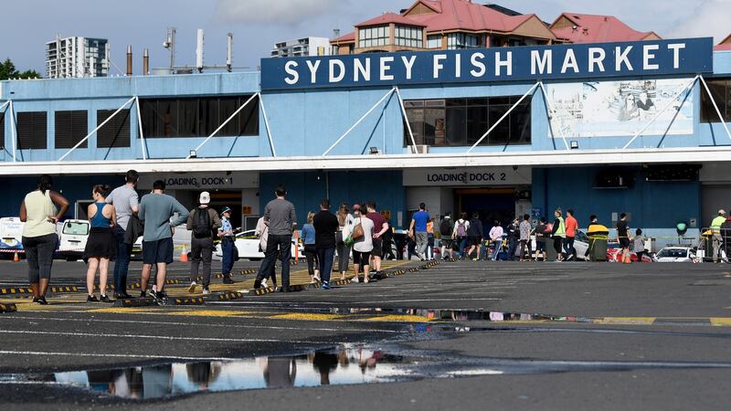 People queue outside the Sydney Fish Market. More than 40,000 people would normally visit the market on Good Friday ahead of the Easter weekend, but this year only 400 people at a time will be allowed on the site amid the ongoing coronavirus pandemic. Photograph: Bianca De Marchi/EPA.