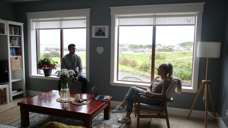 Ciaran Finan, Commercial Manager Global Costs Consultancy in the US  and his wife Marian O’Malley Legal Consultant with Johnson Hana, International Law Firm. Marian grew up on Clare Island and Ciaran in Roscommon and the couple have recently moved to the island from New York where they lived for many years. They both now work remotely in their careers from their new home on the island and also the nearby Island Living Hub. Photograph: Bryan O'Brien 