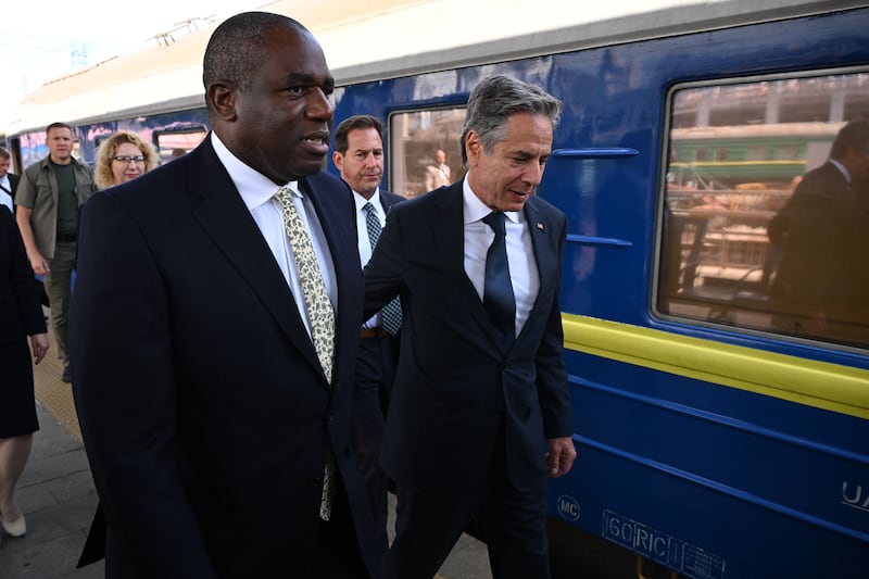 British foreign secretary David Lammy and US secretary of state Anthony Blinken at Kyiv railway station on Wednesday. Photograph: Leon Neal/Pool/AFP