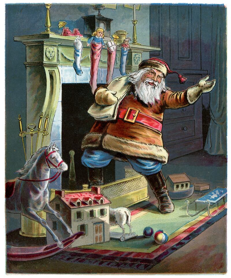Vintage colour lithograph from 1898 showing Father Christmas going up the Chimney