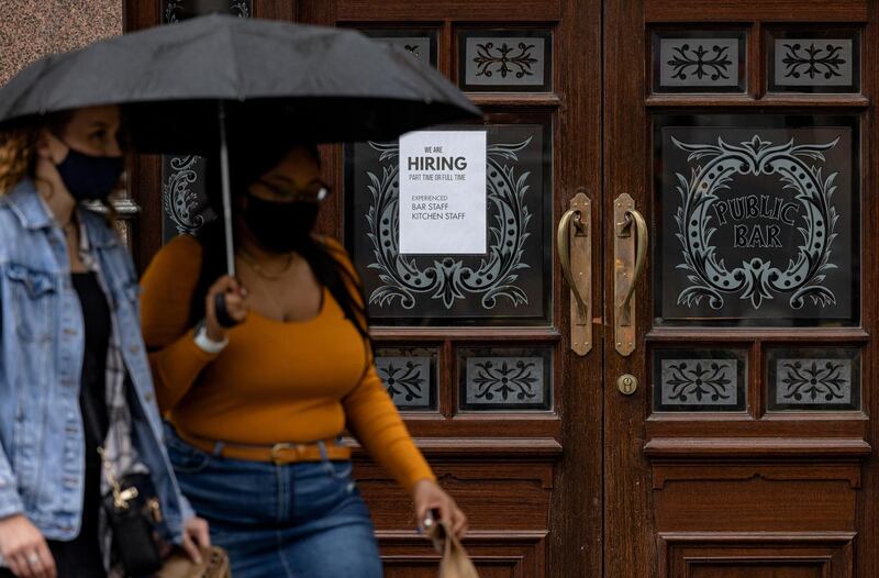 A ‘we are hiring’ hangs in the window of a pub seeking bar and kitchen staff in London on June 4th. Photograph: Rob Pinney/Getty