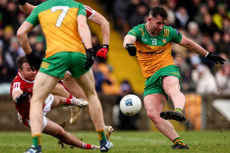 Donegal's Patrick McBrearty scores a goal for Donegal during the game against Cork at MacCumhail Park in Ballybofey. Photograph: Ben Brady/Inpho