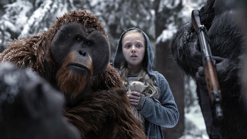 Karin Konoval, left, and Amiah Miller in Twentieth Century Fox’s “War for the Planet of the Apes.”