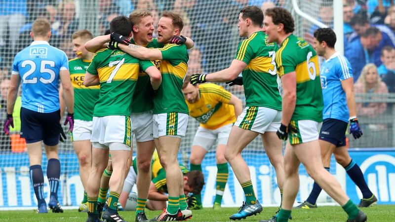 Kerry’s Paul Murphy, Gavin Crowley and Darran O’Sullivan celebrate after beating Dublin to win the league final. Photo: James Crombie/Inpho