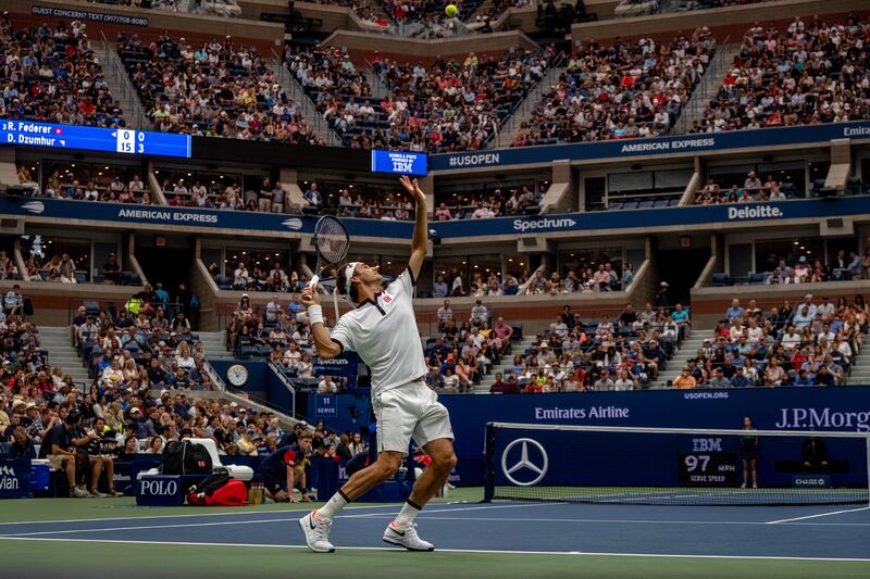 Roger Federer during a men's singles second-round match against Damir Dzumhur at the U.S. Open 2019 in New York. Photograph: Hilary Swift/The New York Times