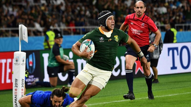 South Africa winger Cheslin Kolbe  scores a try during the  Rugby World Cup Pool B match against  Italy at the Shizuoka Stadium. Photograph:  Anne-Christine Poujoulat/AFP via Getty Images