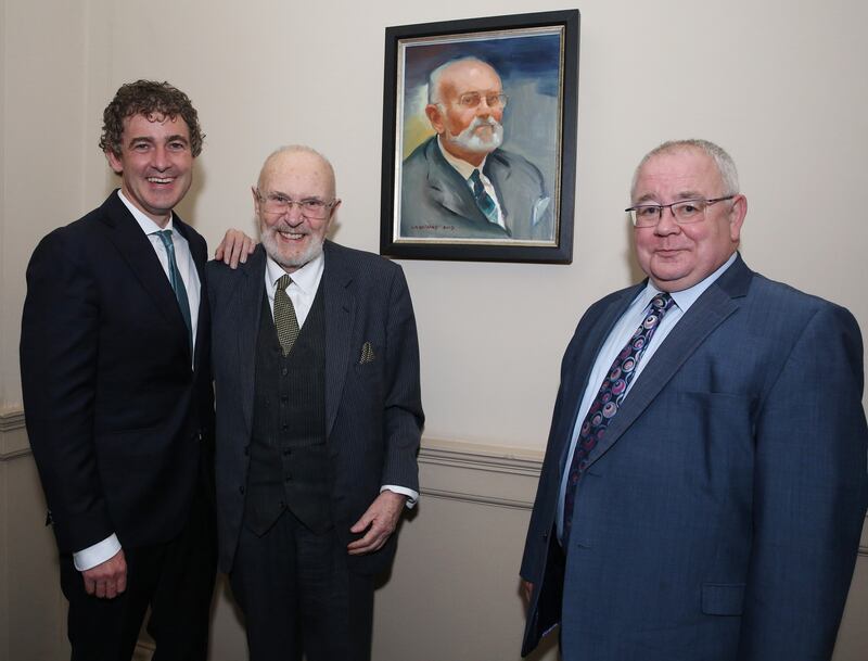 Cathaoirleach of the Seanad, Senator Mark Daly, with Senator David Norris and Ceann Comhairle of the Dáil Seán Ó Fearghaíl after Norris's portrait was unveiled