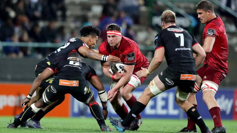 Munster’s CJ Stander and Gerbrandt Grobler in action against Berton Klaasen, Andisa Ntsila and Martinus Burger of the Southern Kings during the Guinness Pro 14 game at Outeniqua Park in George, South Africa. Photograph: Dan Sheridan/Inpho
