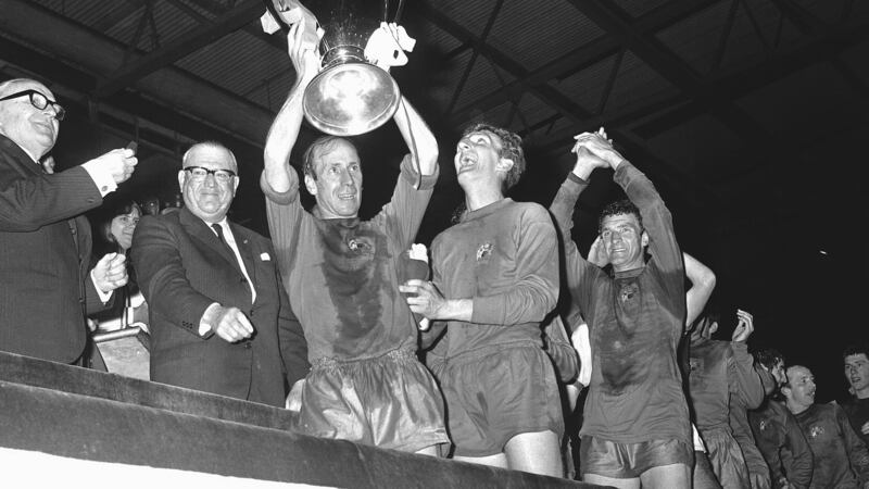 Manchester United’s Bobby Charlton lifts the European Cup in 1968 having beaten Benfica at Wembley. Photograph: Hulton-Deutsch Collection/CORBIS/Corbis via Getty Images