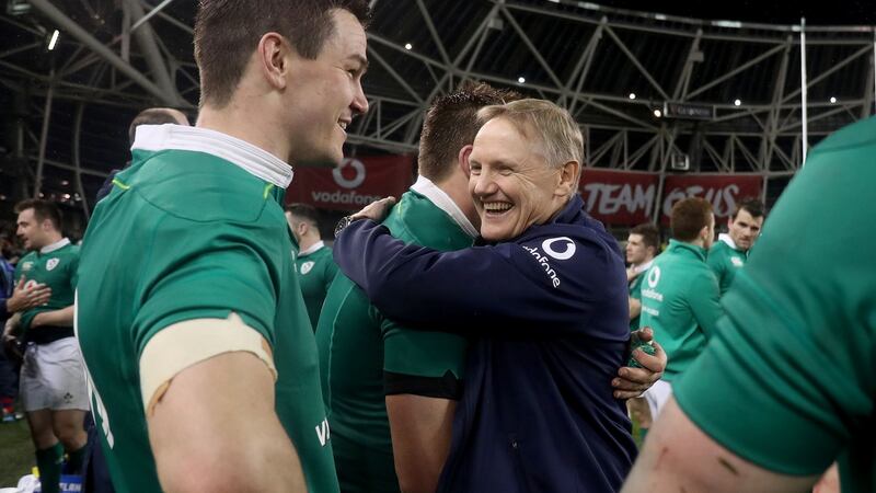 Joe Schmidt celebrates winning the games against England.