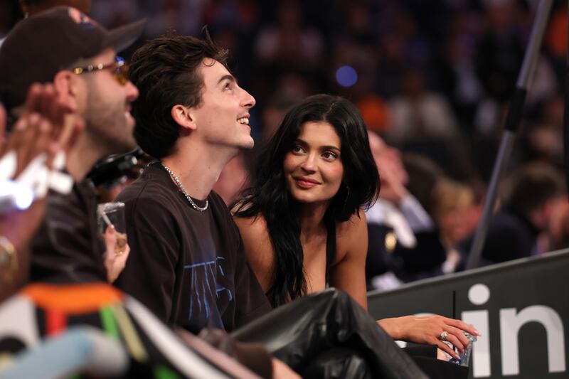 Timothée Chalamet and Kylie Jenner sit court-side during the first quarter in Game Four of the Eastern Conference Second Round NBA playoffs between the Boston Celtics and the New York Knicks at Madison Square Garden. Photograph: Elsa/Getty Images