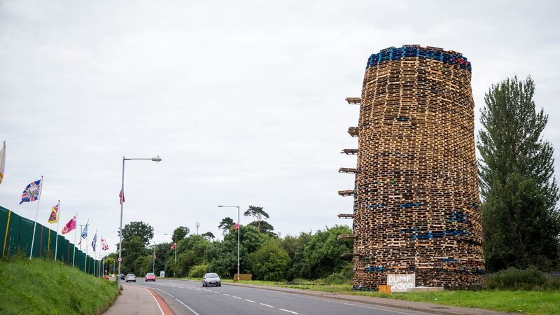 A loyalist bonfire on Prince Andrew Way in Carrickfergus, Belfast. Photograph: PA Wire