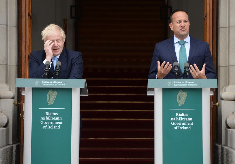 Former British prime minister Boris Johnson with then taoiseach Leo Varadkar at Government Buildings in 2019. Photograph: Dara Mac Donaill