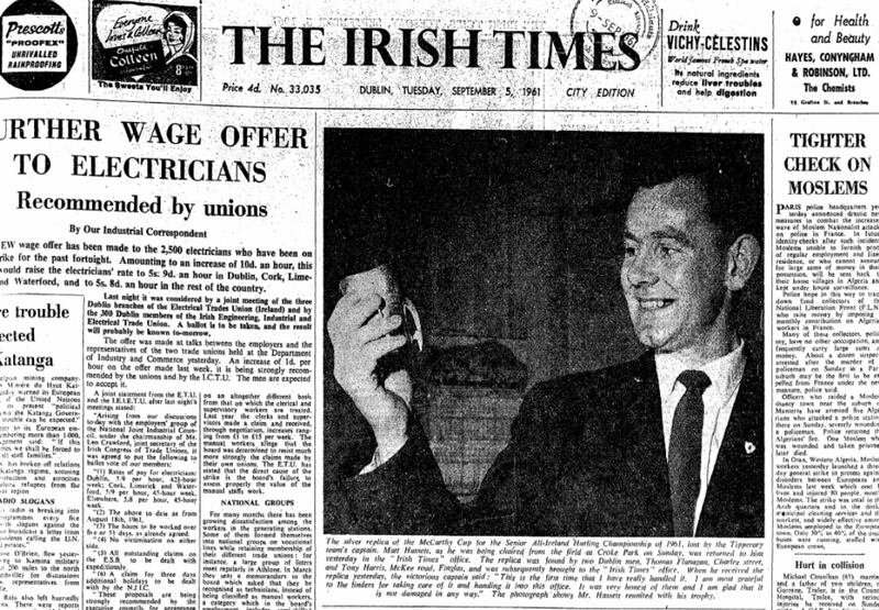 Matt Hassett is reunited with his minature Liam MacCarthy trophy in 1961.