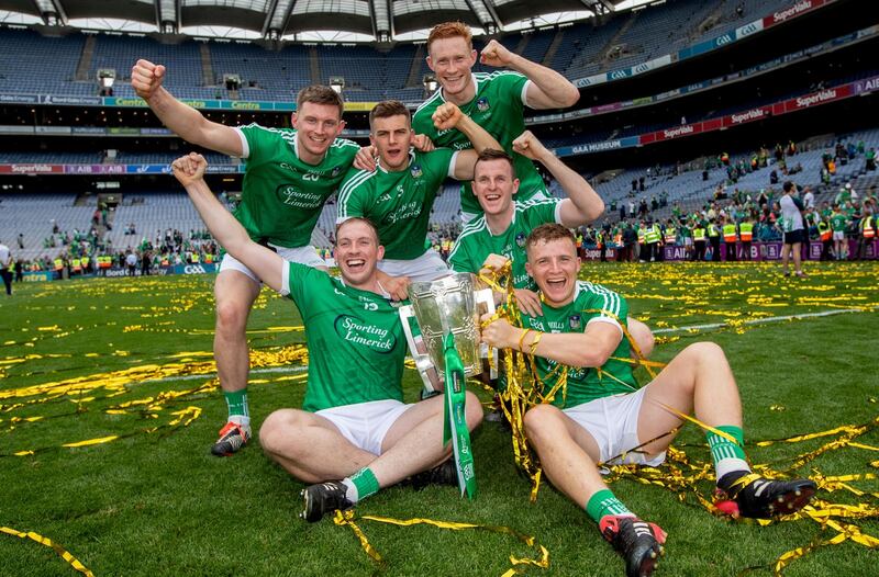 Limerick’s Na Piarsaigh contingent enjoy the county’s All-Ireland breakthrough. Photograph: Inpho/James Crombie
