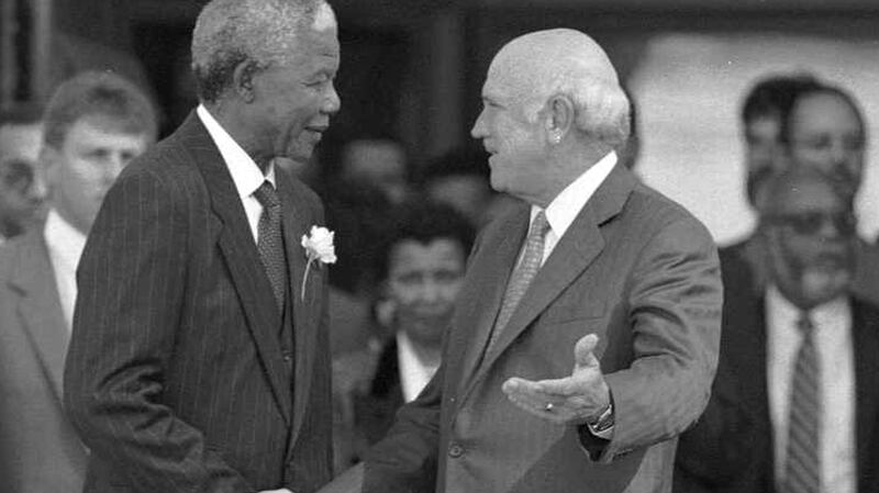 FW de Klerk and Nelson Mandela shared the Nobel Peace Prize in 1993 for their joint efforts at remaking the country. Photograph: Ozier Muhammad/The New York Times