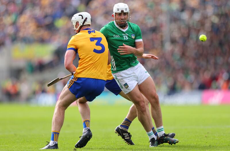 Clare’s Conor Cleary and Aaron Gillane of Limerick in the Munster final. Photograph: James Crombie/Inpho