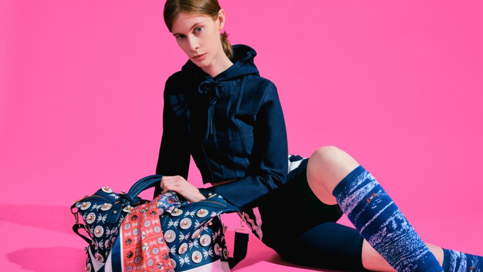 Crop hoodie €320, bicycle shorts €94, leg warmers €50.65, bag €3,000, scarf €222. Photograph: notpaulsimon