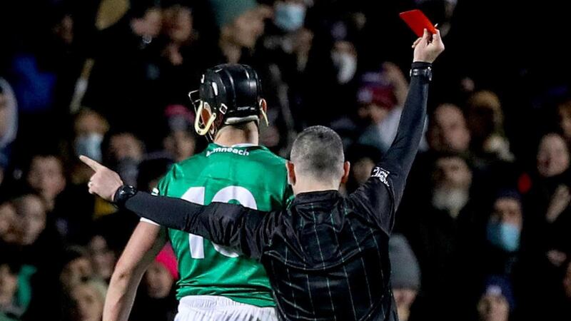 Limerick’s Gearoid Hegarty is sent off during his team’s league defeat to Galway. Photograph: Lorraine O’Sullivan/Inpho